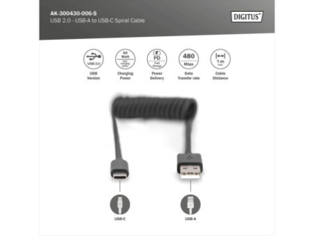 DIGITUS Câble spiralé USB 2.0, USB-A - USB-C, 1,0 m