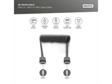 DIGITUS Câble spiralé USB 2.0, USB-C - USB-C, 1,0 m
