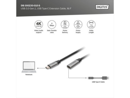 DIGITUS Câble d'extension USB 3.0 Gen.1, USB-C, 1,0 m