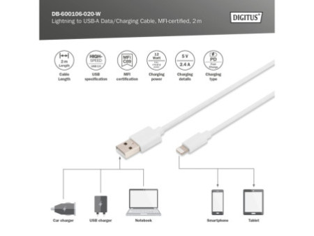 DIGITUS Câble de données/charge Lightning Apple, USB-A