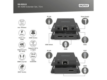 DIGITUS Kit d'extension HDMI 4K, 70 m