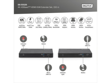 DIGITUS Kit d'extension KVM HDMI 4K HD BaseT, 150 m