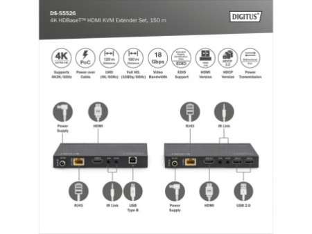DIGITUS Kit d'extension KVM HDMI 4K HD BaseT, 150 m