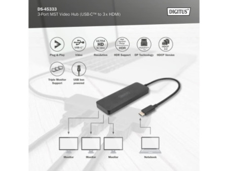 DIGITUS Hub vidéo MST, 3 ports, USB-C - 3x HDMI, noir