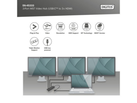 DIGITUS Hub vidéo MST, 3 ports, USB-C - 3x HDMI, noir