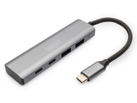 DIGITUS Hub USB-C, 4 ports, 2x USB A + 2x USB-C, gris foncé