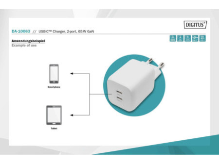 DIGITUS Chargeur USB, 2x USB-C, 65 watts, blanc