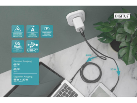 DIGITUS Chargeur USB, 2x USB-C, 65 watts, blanc
