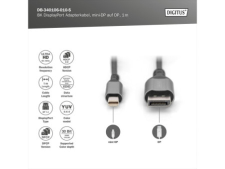 DIGITUS Câble adaptateur DisplayPort 8K 1.4, mini DP-DP, 2 m
