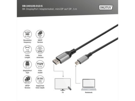 DIGITUS Câble adaptateur DisplayPort 8K 1.4, mini DP-DP, 2 m