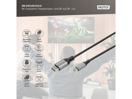 DIGITUS Câble adaptateur DisplayPort 8K 1.4, mini DP-DP, 2 m