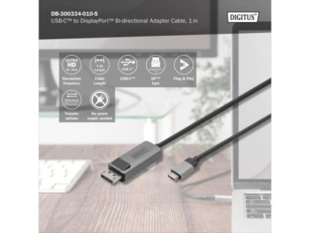 DIGITUS Câble adaptateur bidirectionnel USB type C - DP, 1 m