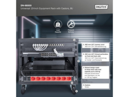 DIGITUS Monture universelle 19', avec roulettes, 8 U, noir