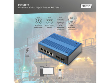 DIGITUS Switch industriel PoE Gigabit Ethernet, 4+2 ports