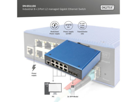 DIGITUS Switch industriel Gigabit Ethernet manageable L2 8+2