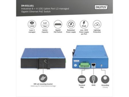 DIGITUS Switch industriel PoE Gigabit Ethernet manageable L3