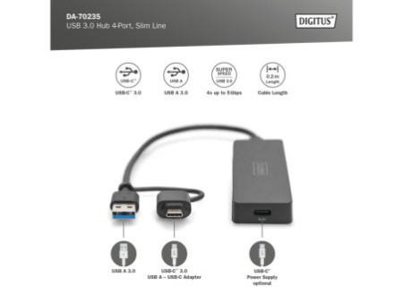 DIGITUS Hub USB 3.0, 4 ports, Slim Line, noir