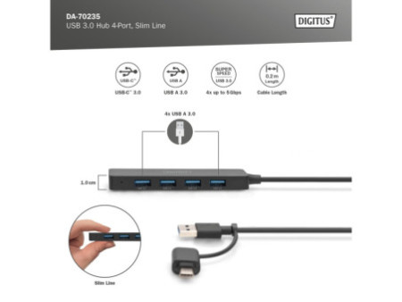 DIGITUS Hub USB 3.0, 4 ports, Slim Line, noir