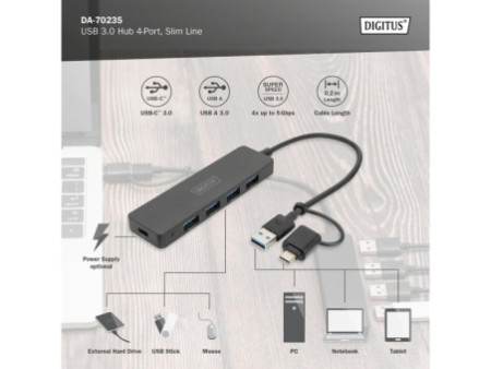 DIGITUS Hub USB 3.0, 4 ports, Slim Line, noir