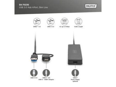 DIGITUS Hub USB 3.0, 4 ports, Slim Line, noir