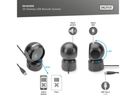 DIGITUS Lecteur de code-barres 1D/2D USB, noir