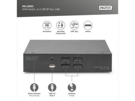 DIGITUS Switch KVM, 4x1, noir