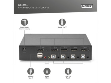 DIGITUS Switch KVM, 4x1, noir