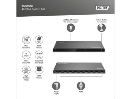 DIGITUS Répartiteur HDMI 4K, 1x8, 4K/60Hz HDCP 2.2, noir