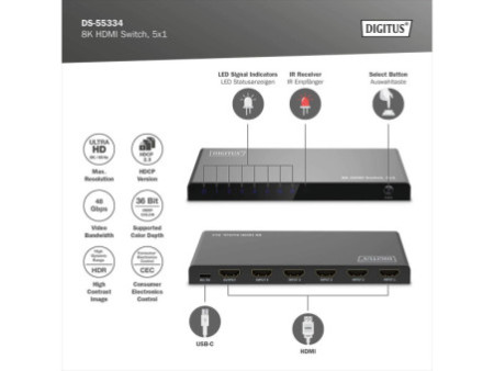 DIGITUS Commutateur HDMI 8K, 5x1, noir
