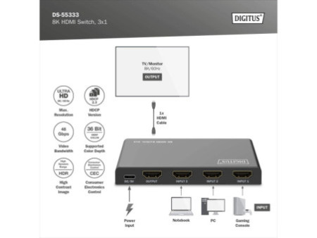 DIGITUS Commutateur HDMI 8K, 3x1, noir