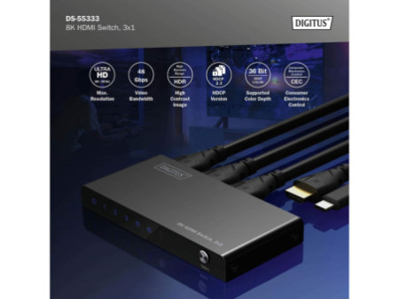 DIGITUS Commutateur HDMI 8K, 3x1, noir