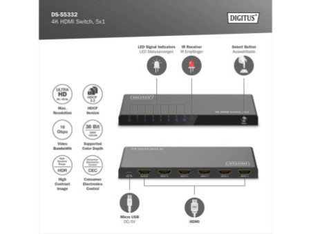 DIGITUS Commutateur HDMI 4K, 5x1, noir