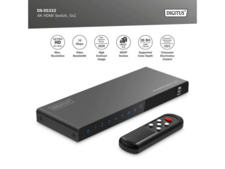 DIGITUS Commutateur HDMI 4K, 5x1, noir