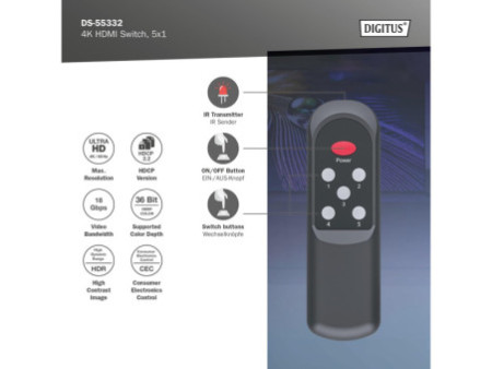 DIGITUS Commutateur HDMI 4K, 5x1, noir