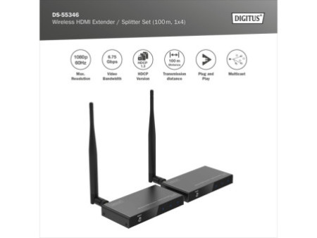 DIGITUS Kit répéteur/répartiteur sans fil HDMI, 100 m
