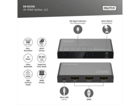 DIGITUS Répartiteur HDMI 4K, 1x2, 4K/60Hz, noir