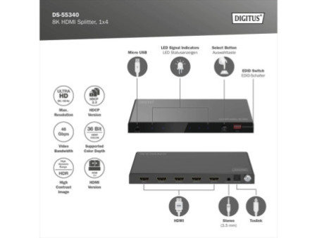DIGITUS Répartiteur HDMI 8K, 1x2, 8K/60Hz, noir