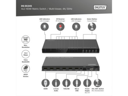 DIGITUS Commutateur/multi-viewer HDMI 4x2, 4K/30Hz