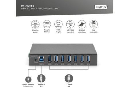 DIGITUS Hub USB 3.0 Industrial Line, 7 ports, noir