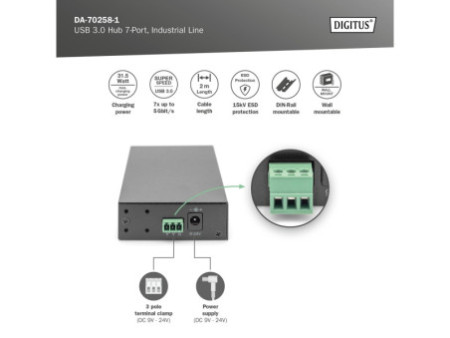 DIGITUS Hub USB 3.0 Industrial Line, 7 ports, noir