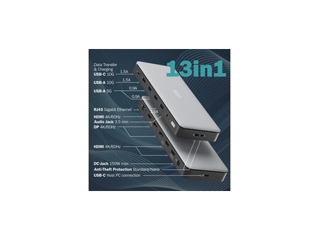 DIGITUS Station d'accueil USB-C, 13 ports, gris/noir