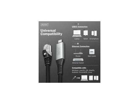 DIGITUS Câble Ethernet USB 3.2, USB-C - RJ45 mâle, 3 m