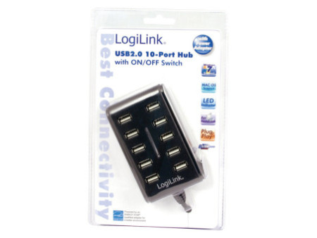 LogiLink Hub USB 2.0, 10 ports, avec interrupteur, noir