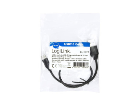 LogiLink Câble USB 2.0, USB-A - USB-C mâle, 0,3 m, noir