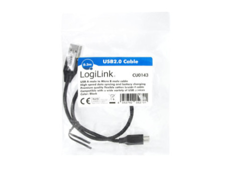 LogiLink Câble USB 2.0, USB-A - Micro USB, 0,3 m, noir