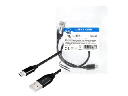 LogiLink Câble USB 2.0, USB-A - Micro USB, 0,3 m, noir