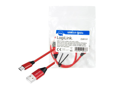 LogiLink Câble USB 2.0, USB-A - Micro USB, 0,3 m, rouge