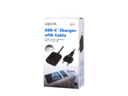 LogiLink Chargeur secteur USB avec câble fixe, 1x USB, noir
