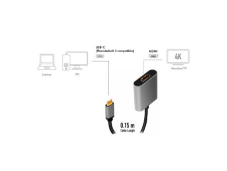 LogiLink Câble adaptateur USB-C - HDMI, 0,15 m, noir/gris
