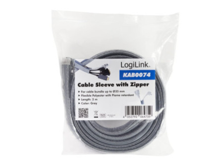 LogiLink Gaine pour câble avec fermeture zip, 2,0 m, gris